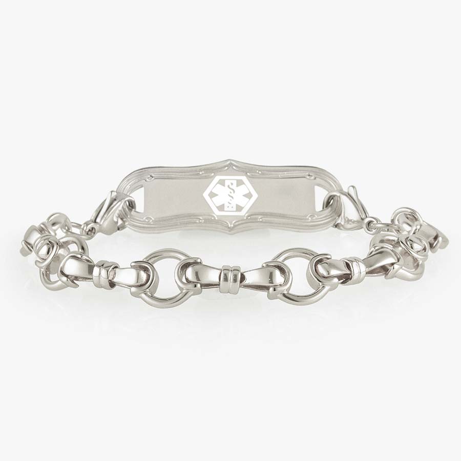 Medical alert bracelet bridle chain in sterling silver with decorative medical alert plaque