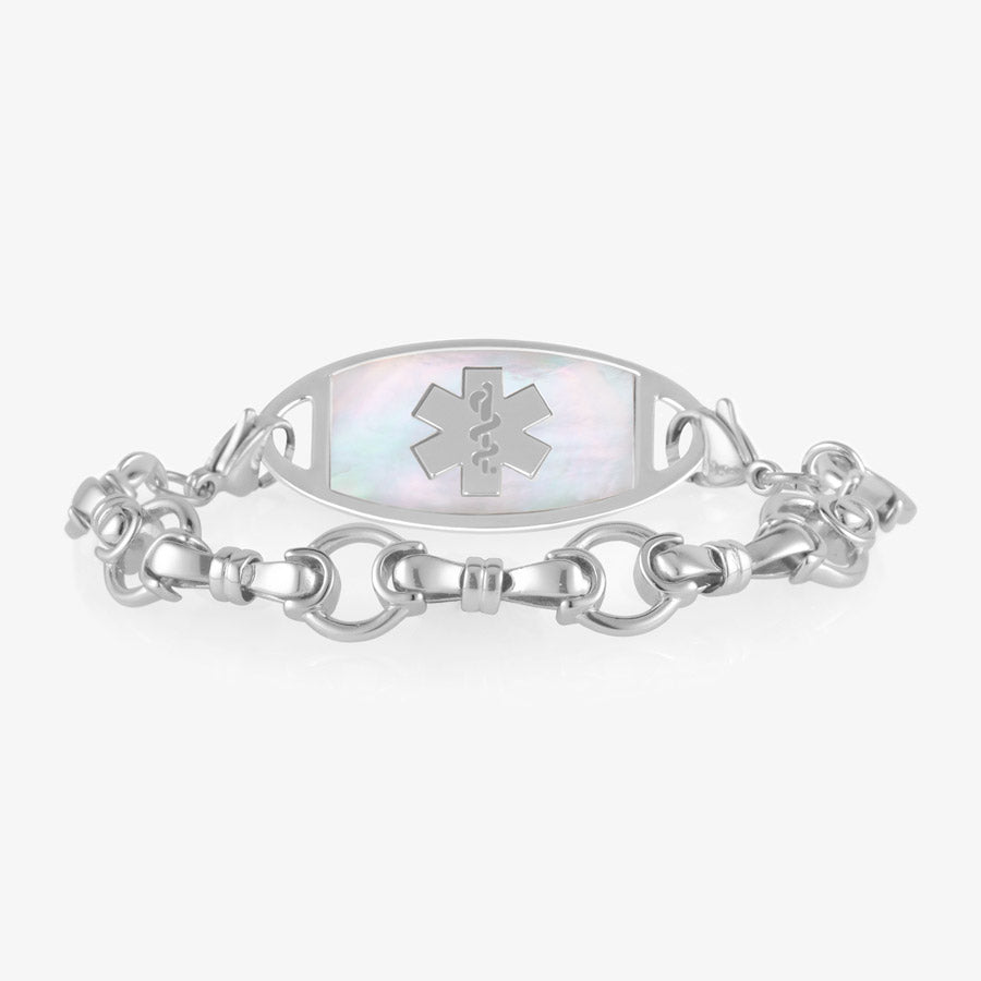 Sterling silver medical ID alert bracelet in bridle chain design with mother of pearl medical ID tag