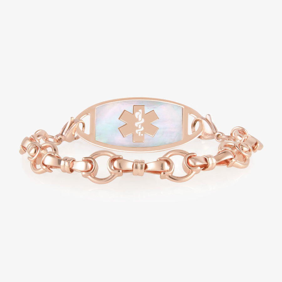 Rose gold medical alert bridle chain in rose gold with mother of pearl medical ID tag