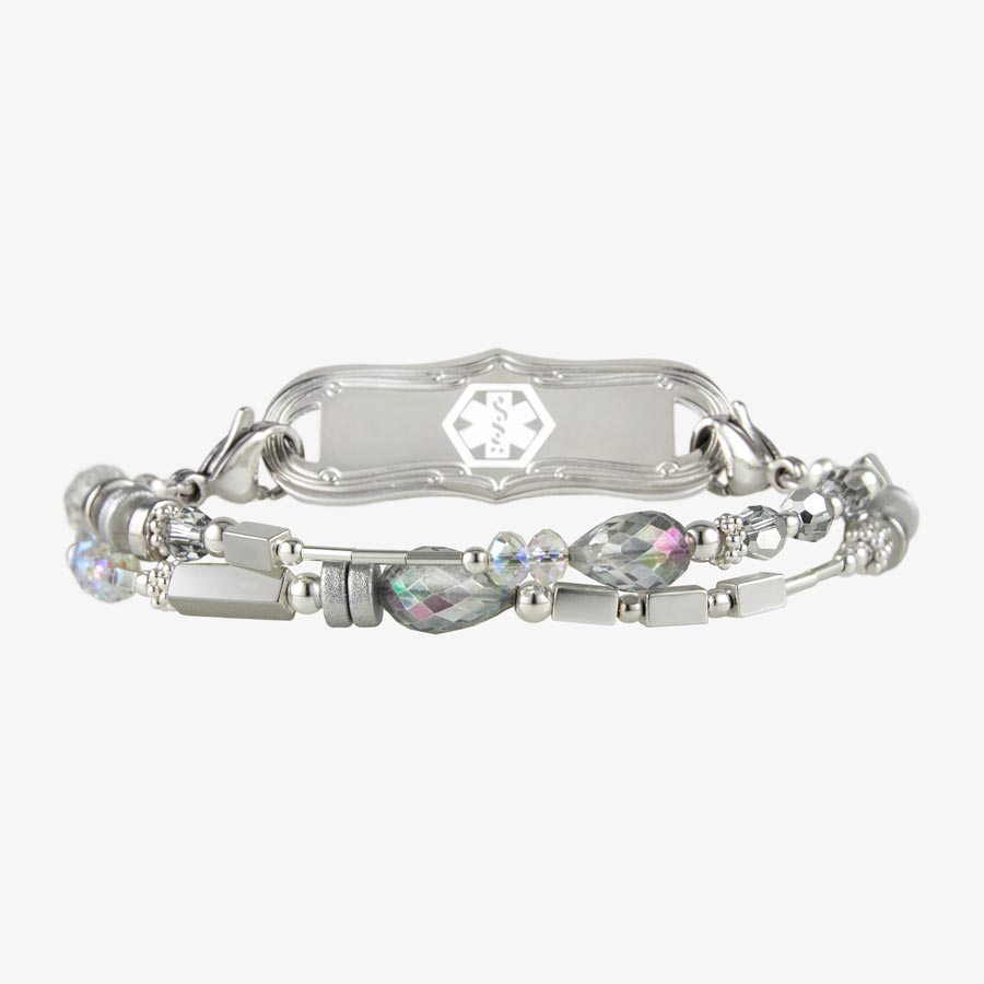 Silver tone and teardrop crystal beaded medical ID bracelet with stainless steel med ID tag with white medical symbol at the center.