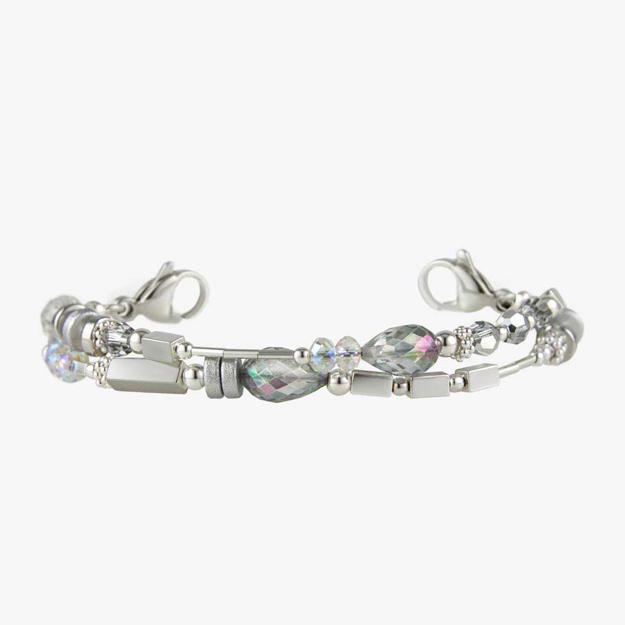 Silver tone and teardrop crystal beaded medical ID bracelet with stainless steel lobster clasps on each end.