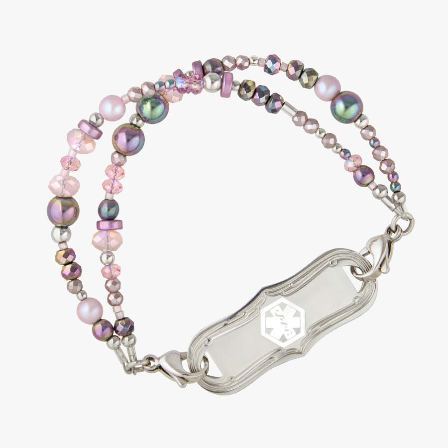 Beaded medical ID bracelet with pink and iridescent lavender beads and decorative medical alert tag