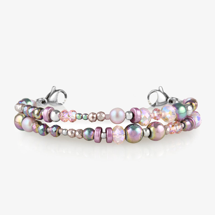 Medical alert bracelet hand-stranded with pink and lavender beads and pearls