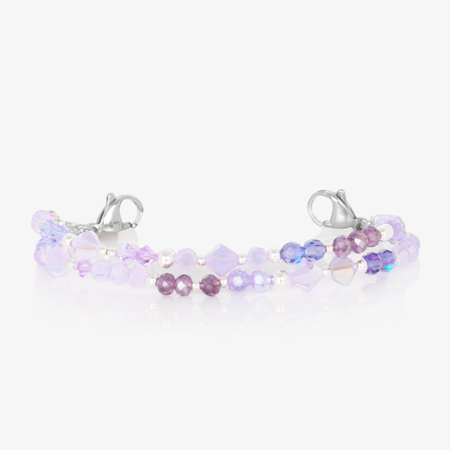 Beaded medical alert bracelet with purple and lavender crystals and beads