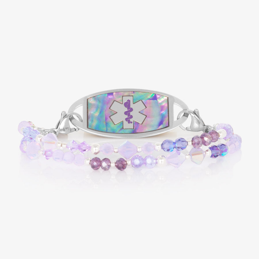 Purple crystal beaded medical alert bracelet with silver accents and medical ID tag