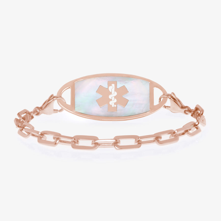 Rose gold paperclip medical ID alert bracelet chain with mother of pearl and rose gold medical ID tag