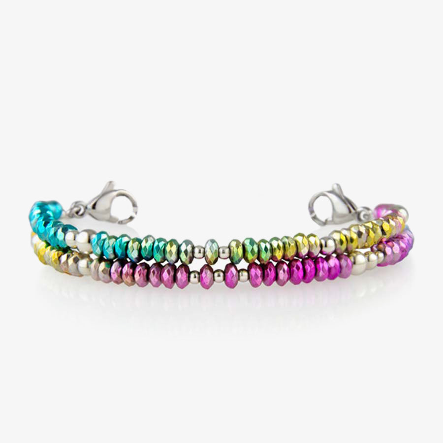 Top view of medical ID bracelet with color blocked beads in blue, pink, yellow, green and more