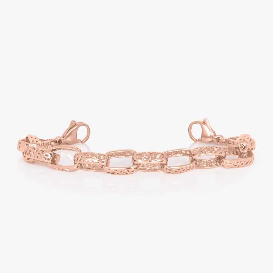 Rose gold plated detailed oval link chain with rose gold tone stainless steel lobster clasps at each end.