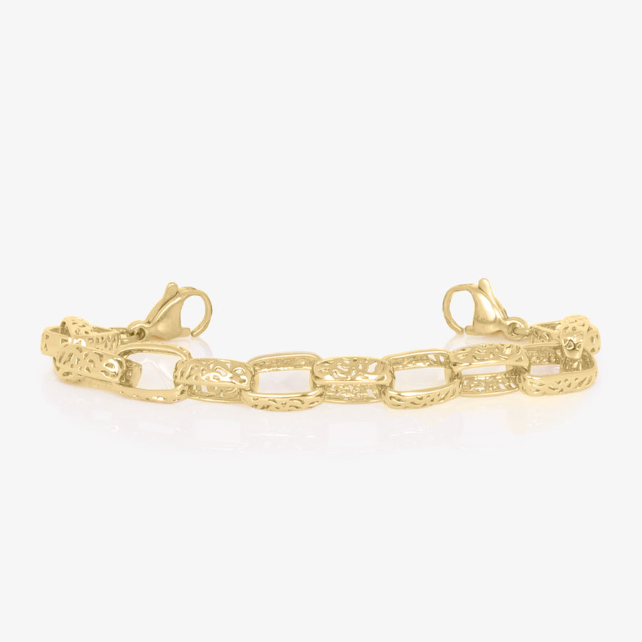 12 karat gold plated cutout detailed oval link medical ID bracelet chain with gold tone stainless steel lobster clasps at each end.