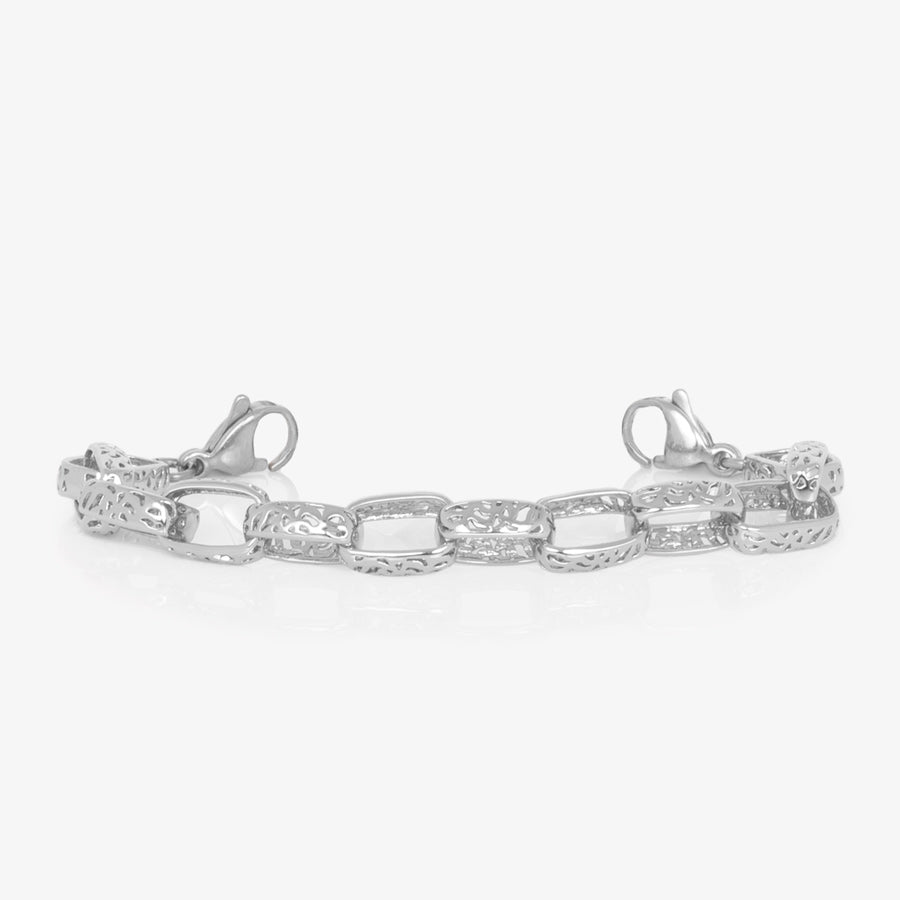 Silver tone cutout detailed oval link medical ID chain bracelet with with stainless steel lobster clasps at each end.