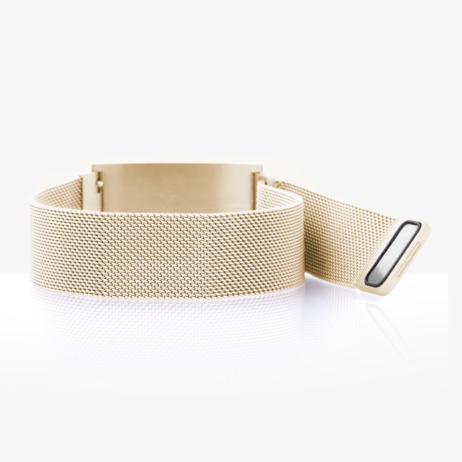 Back of magnetic stainless steel mesh band bracelet with magnetic closure and affixed med ID tag in brushed sandstone with white caduceus.