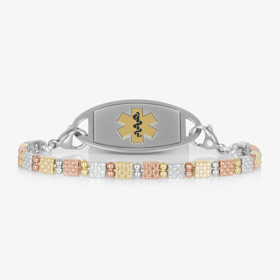 12k gold plated, silver tone, and rose gold tone link chain bracelet with stainless steel lobster clasps and decorative med ID tag.