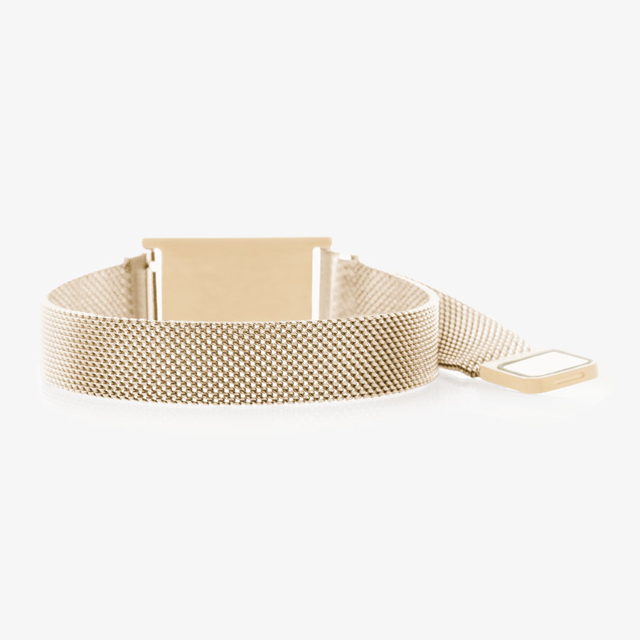 Back of brushed sandstone stainless medical ID bracelet with mesh band. Magnetic closure is open with end of band laying flat.