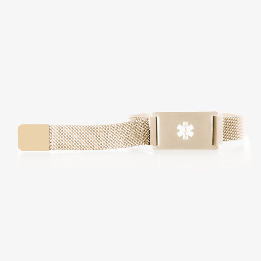 Front of brushed sandstone plated stainless medical ID bracelet with mesh band. Magnetic closure is open with band upright.