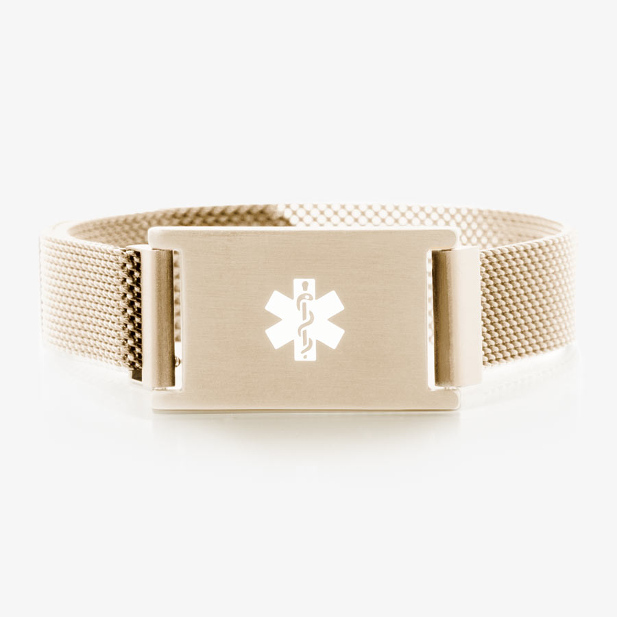 Front of brushed sandstone plated Urban Medical Alert bracelet with mesh chain, magnetic closure, affixed ID tag with white caduceus.