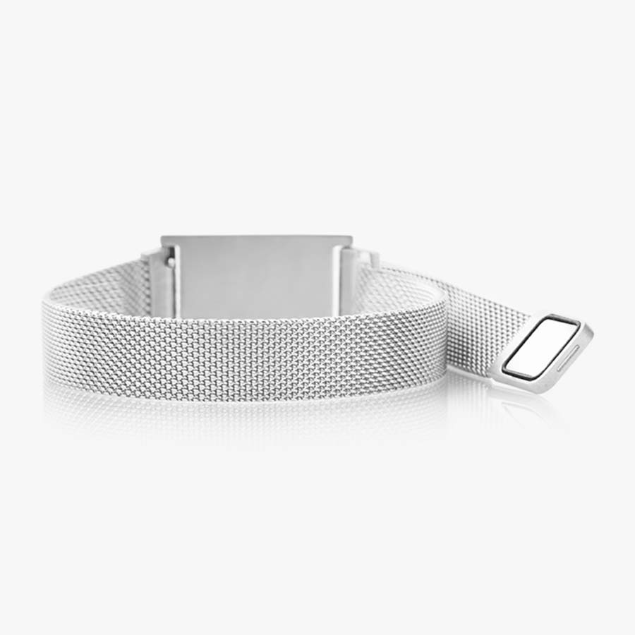 Back of stainless steel magnetic bracelet showing silver mesh chain and the slip-through magnetic closure and magnetic clasp