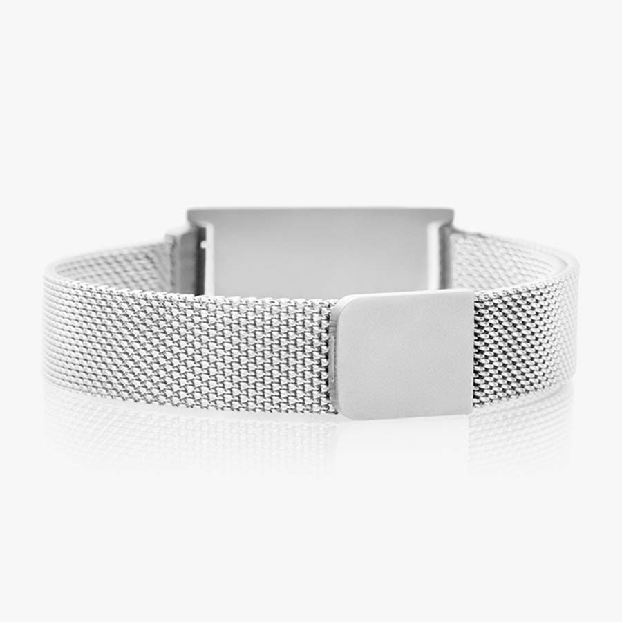 Back of stainless steel magnetic bracelet showing silver mesh chain and the slip-through magnetic closure