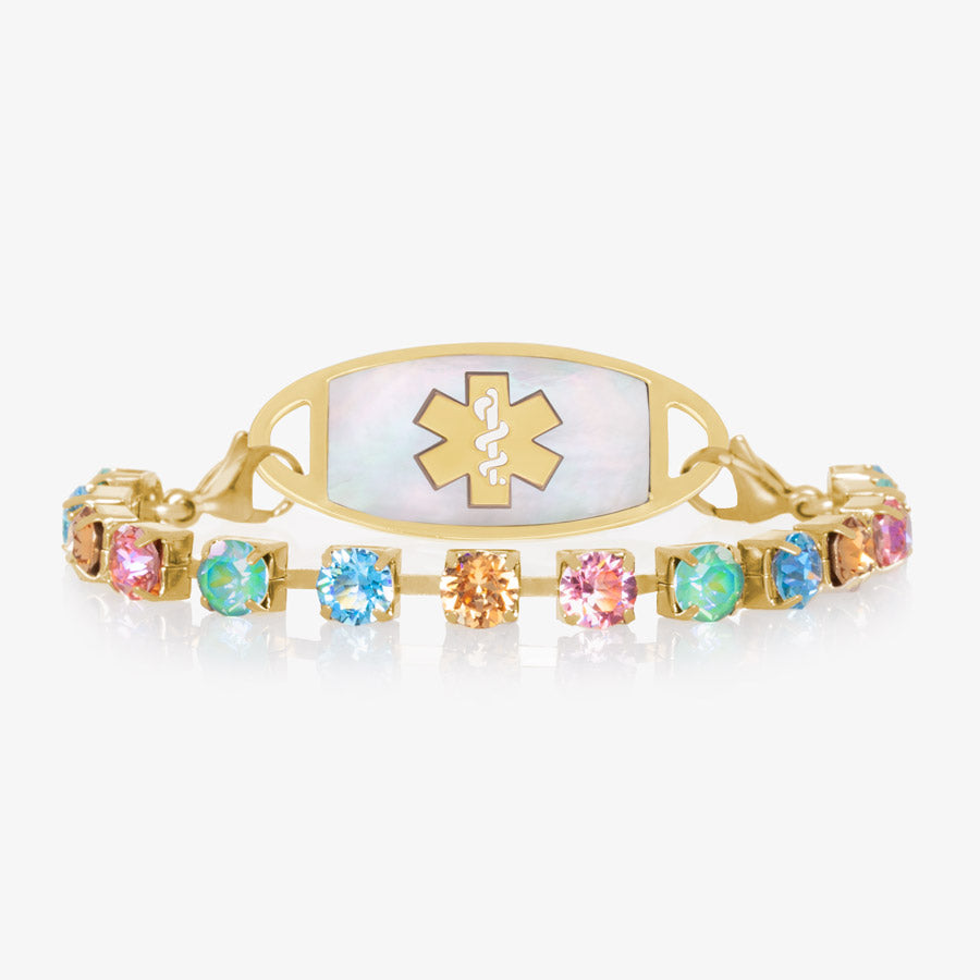 Beautiful multi-colored crystal medical ID bracelet with gold and mother of pearl medical ID tag