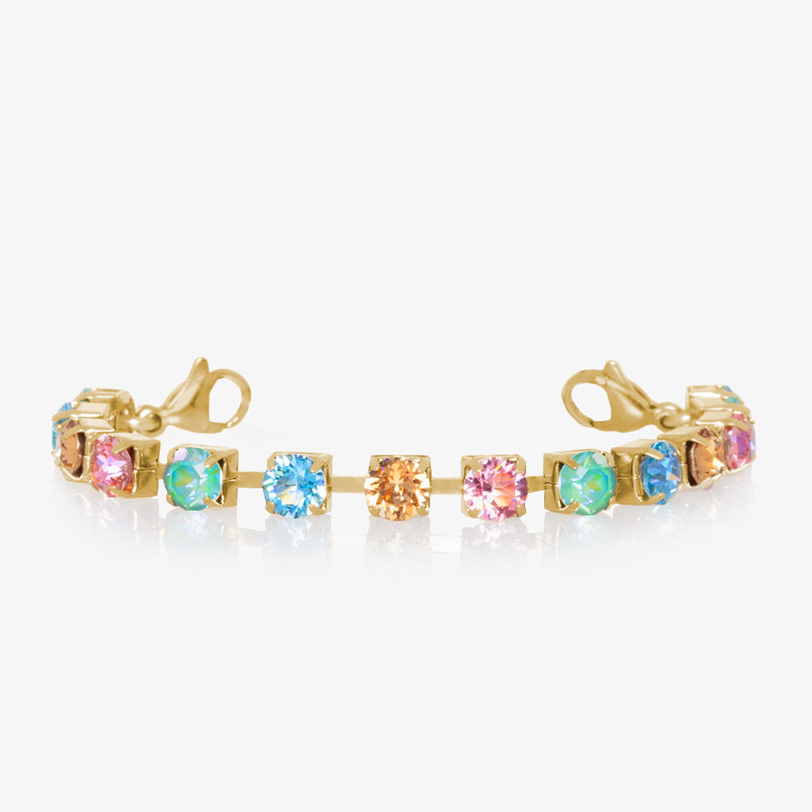 Multi-colored crystals set in box chain medical ID bracelet with beautiful gold accents