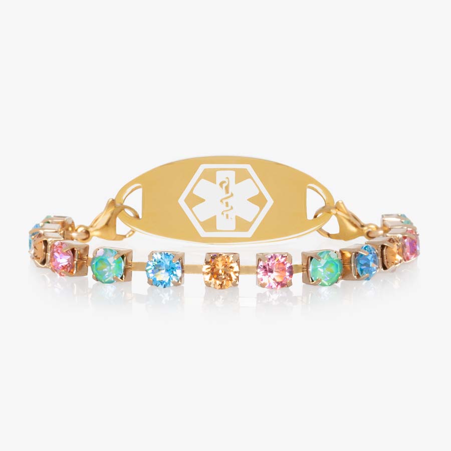 Multi-colored crystals set in box chain medical ID bracelet with beautiful gold accents and decorative medical alert tag