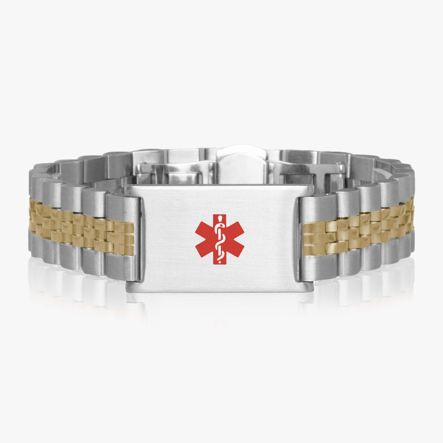 Silver and gold tone link style medical ID bracelet with stainless steel med ID with red medical symbol and quick release, button closure.