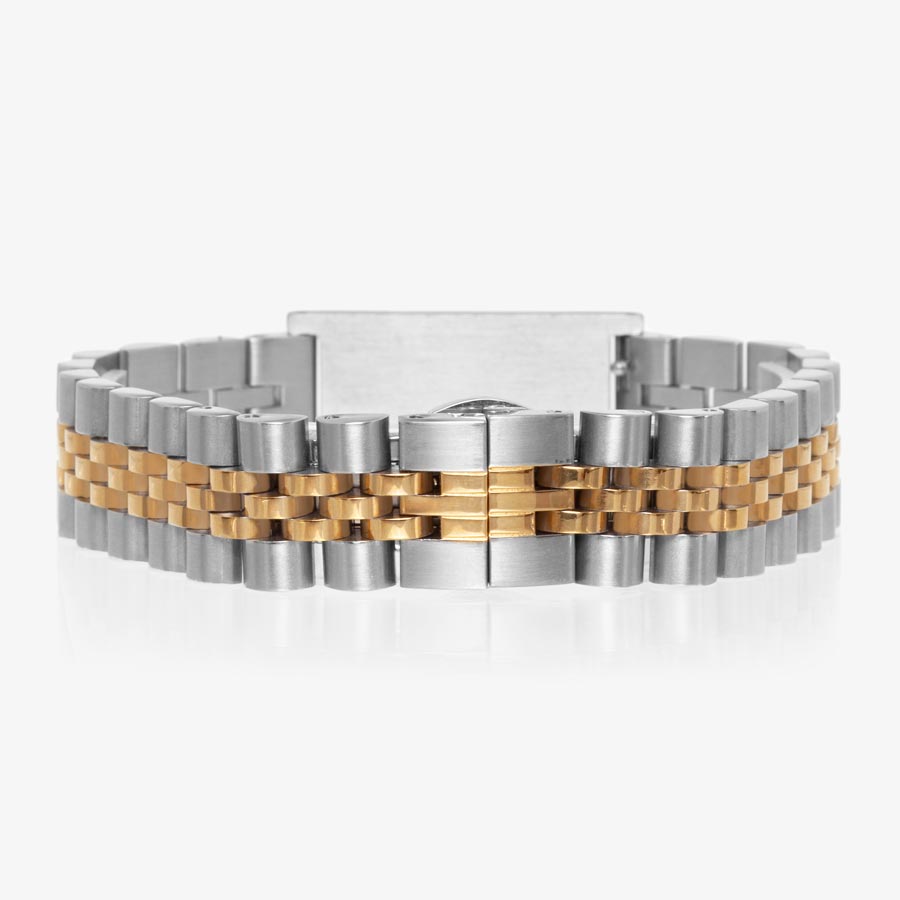 The back of silver and gold tone link style medical ID bracelet with stainless steel med ID tag and quick release, button closure.