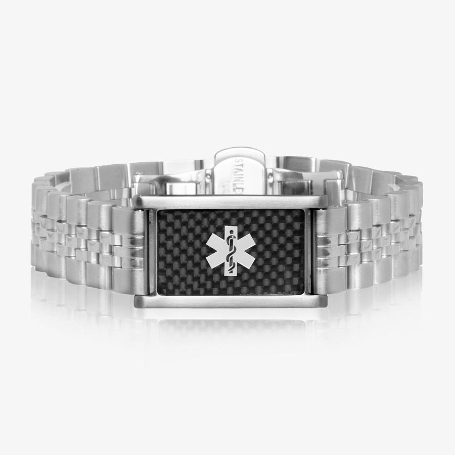 Silver tone link style medical ID bracelet with decorative, stainless steel med ID tag and quick release, button closure.