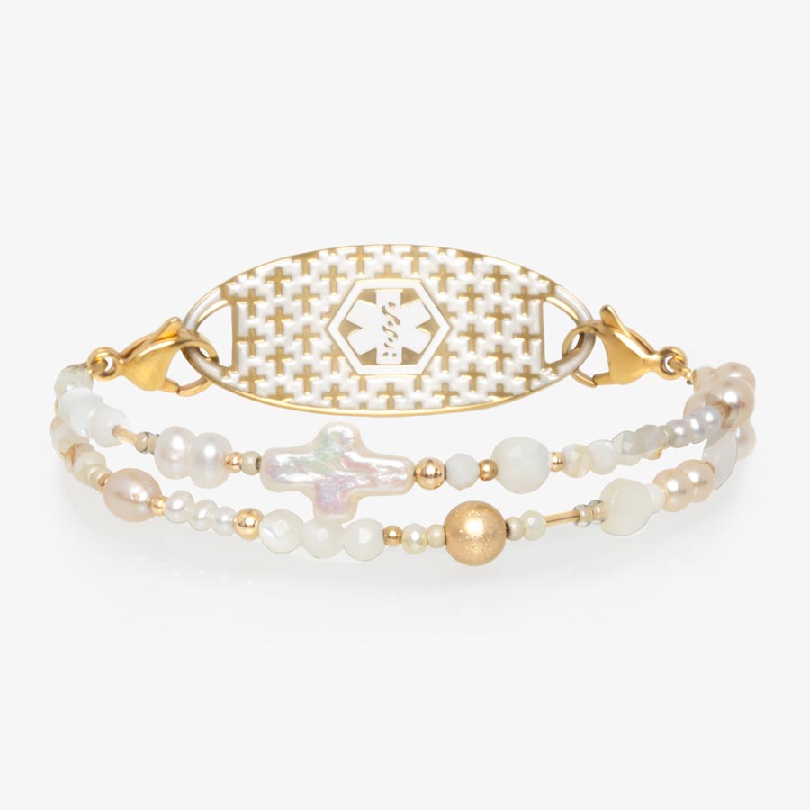 Freshwater pearl and gold tone multi-strand beaded med ID bracelet with decorative cross gold tone stainless steel med alert tag.