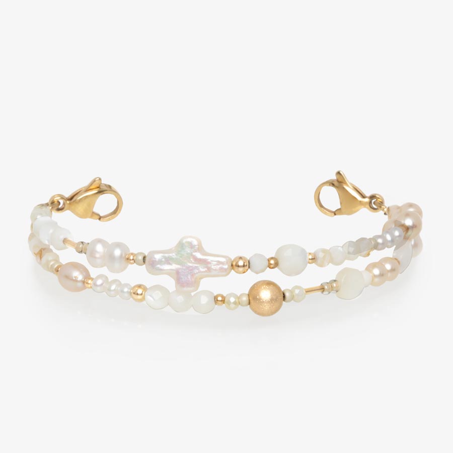 Beaded mother of pearl, white quartz, and gold tone beaded medical ID bracelet with gold tone stainless steel lobster clasps at each end.