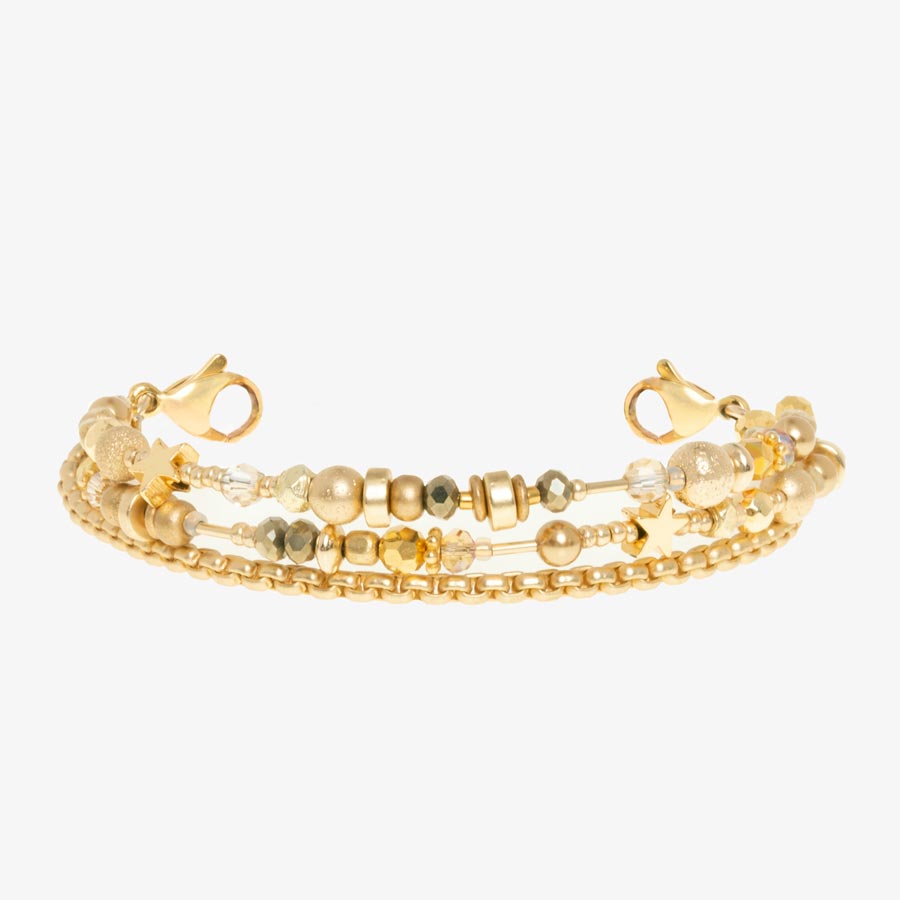 Medical alert bracelet with two gold tone beaded strands and one gold tone box chain strand with gold tone stainless steel lobster clasps.