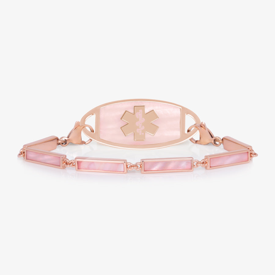 Rose gold medical ID bracelet with pink pearl inlay and rose gold and pink mother of pearl medical ID alert tag