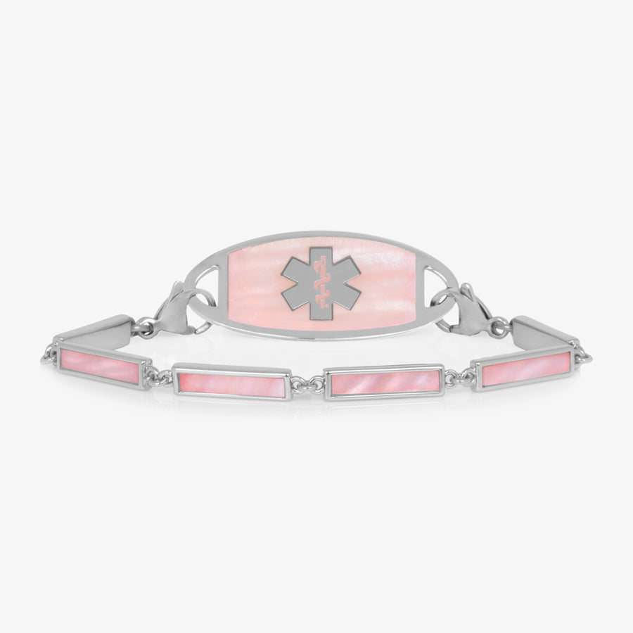 Silver tone bar link bracelet with pink mother of pearl inlay paired with decorative stainless steel and pink mother of pearl medical ID tag with silver medical caduceus symbol at the center.