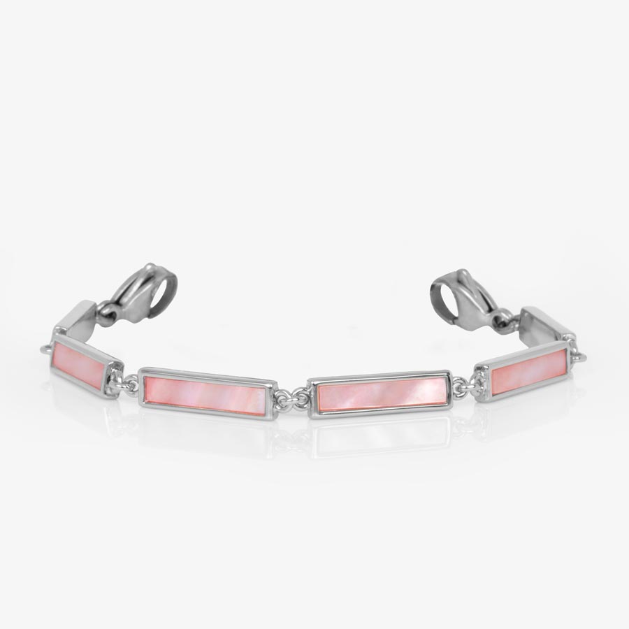 Silver tone bar link bracelet with pink mother of pearl inlay finished with stainless steel lobster clasps at each end of the bracelet.