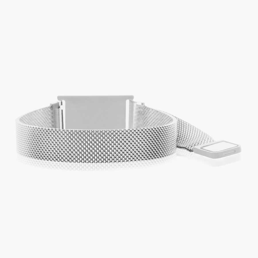 Backside of stainless steel bracelet with adjustable mesh band and magnetic clasp.