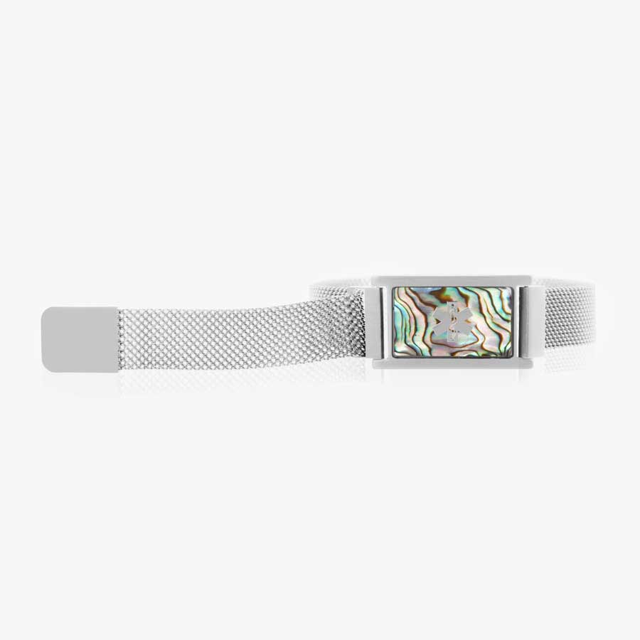 Front of stainless steel bracelet with abalone ID tag and adjustable mesh band with magnetic clasp.