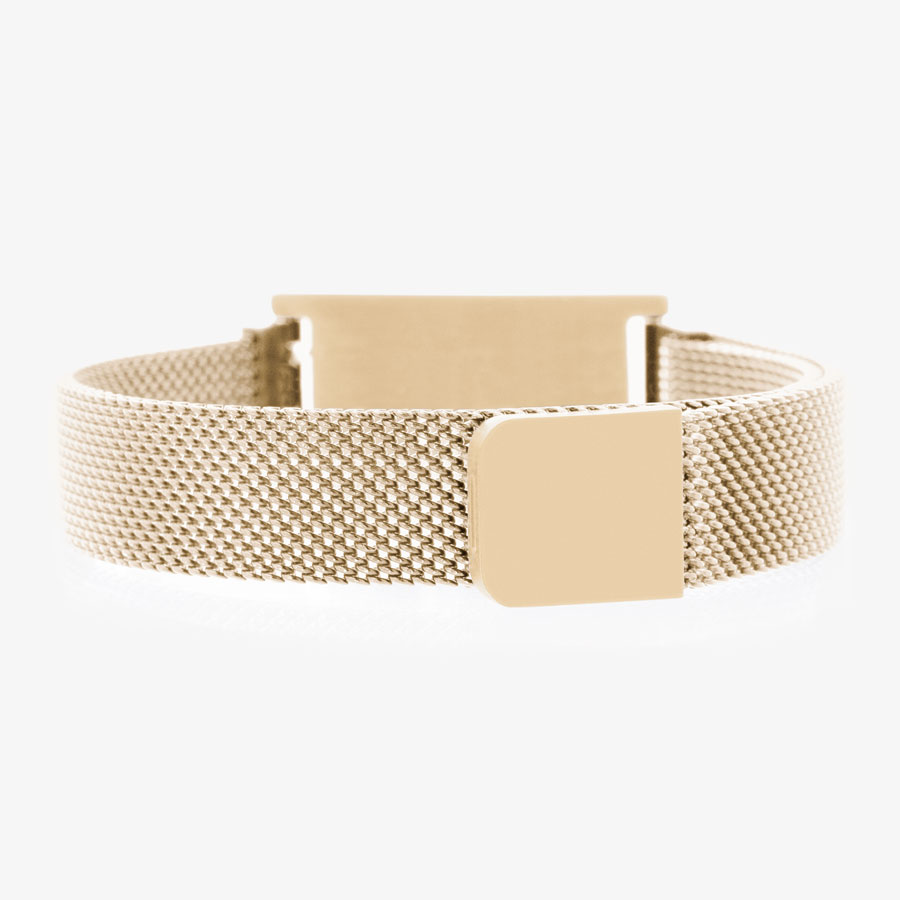 Backside of gold tone stainless steel bracelet with adjustable mesh band and magnetic clasp.