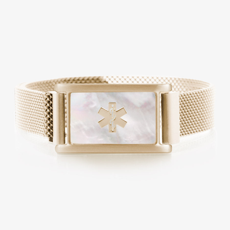 Brushed sandstone, adjustable, stainless steel magnetic mesh band paired with gold tone ID tag with natural mother of pearl inlay.