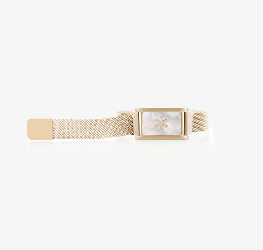 Mother of pearl and sandstone gold medical ID bracelet with magnetic clasp