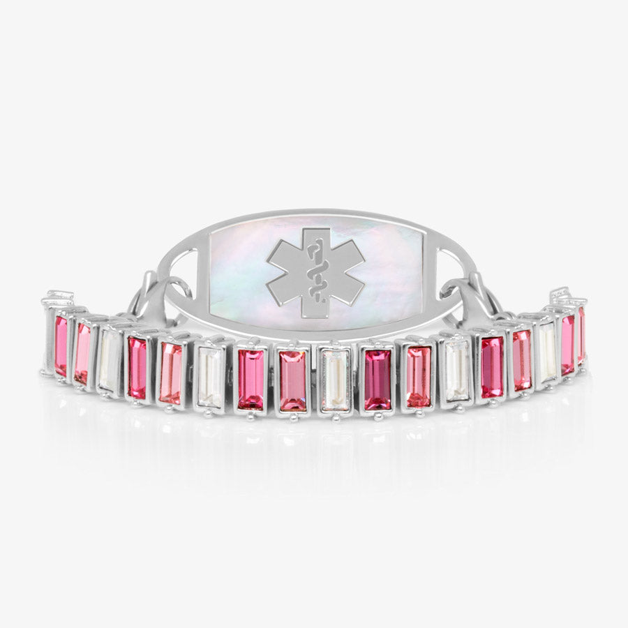 Hot pink, magenta, blush, and clear cubic zirconia crystals set in a silver tone chain bracelet paired with a stainless steel medical ID tag with mother of pearl inlay