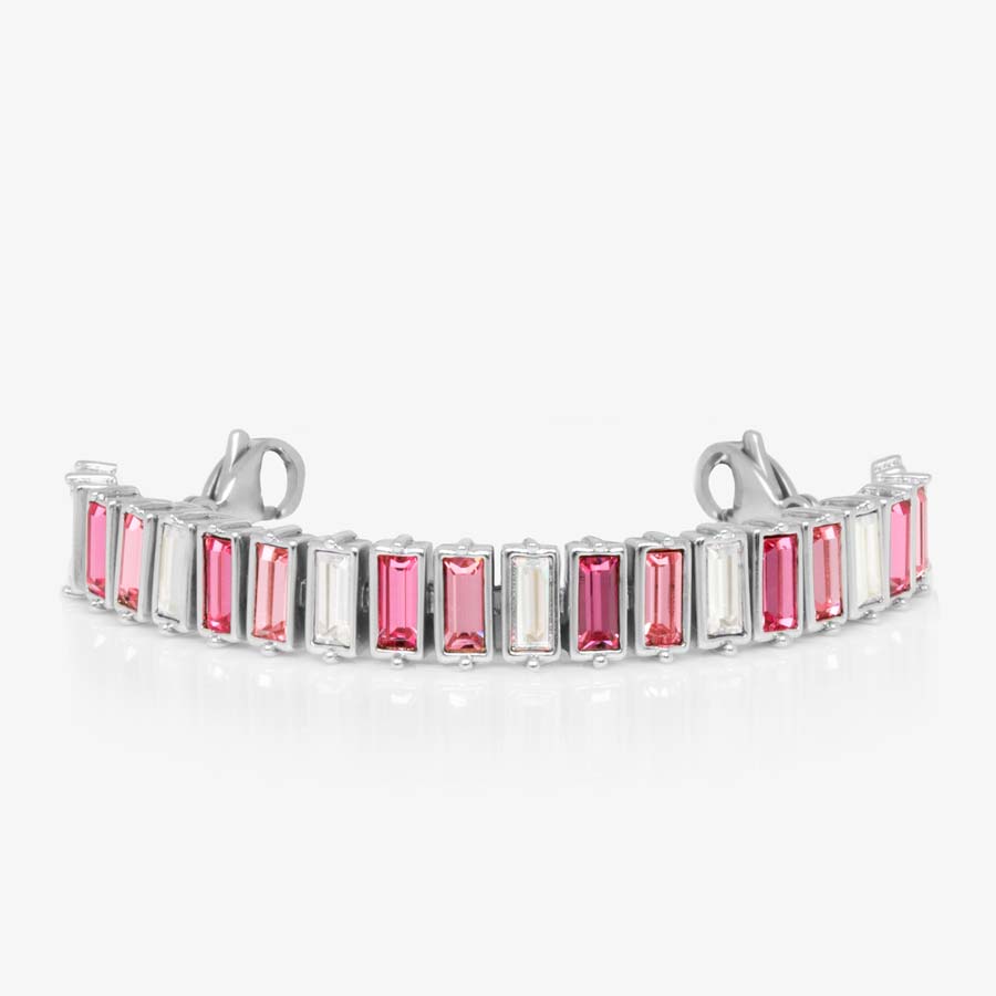 Hot pink, magenta, blush, and clear cubic zirconia crystals set in a silver tone chain bracelet finished with stainless steel lobster clasps at each end.