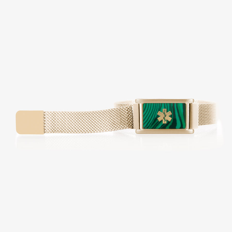 Front of medical ID bracelet with malachite inlay tag and sandstone mesh band