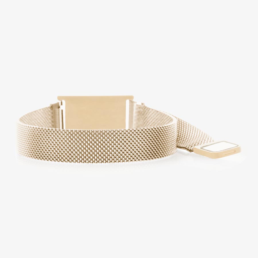 The back side of the brushed sandstone stainless steel mesh band showing the open magnetic clasp.