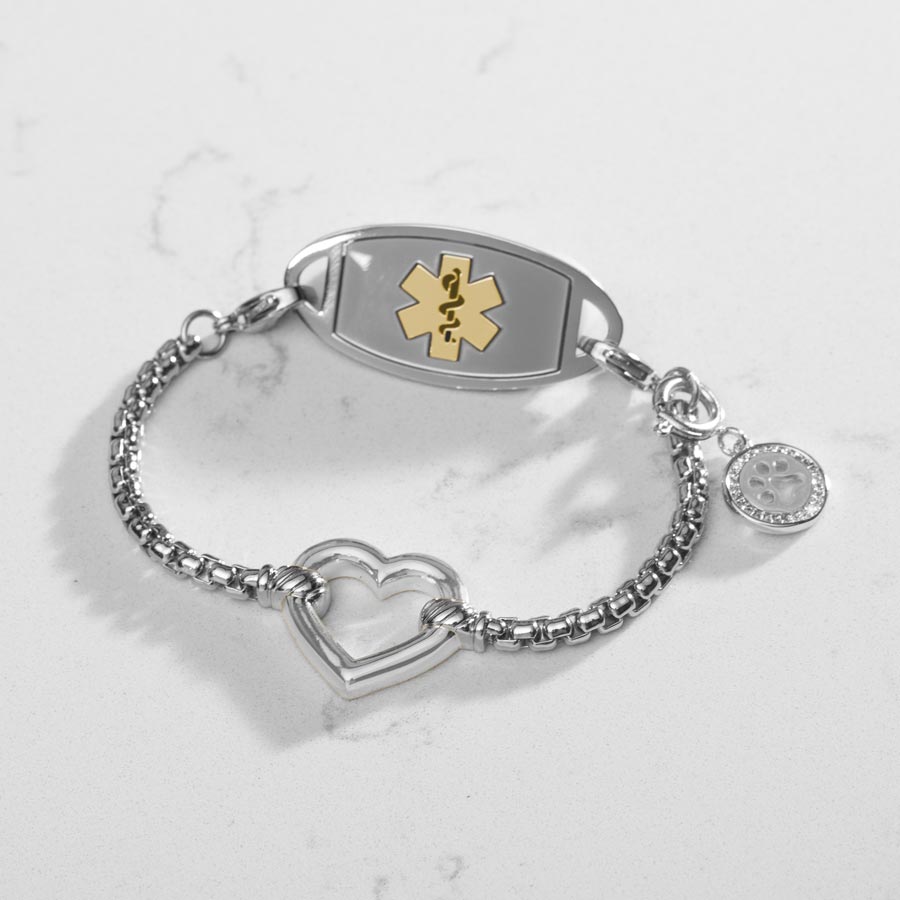 Silver Medical ID box chain bracelet with open heart charm and stainless steel medical ID tag in silver featuring a gold Medical symbol.