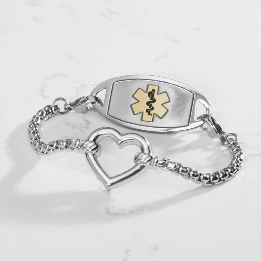 Silver Medical ID box chain bracelet with open heart charm and stainless steel medical ID tag in silver featuring a gold Medical symbol.