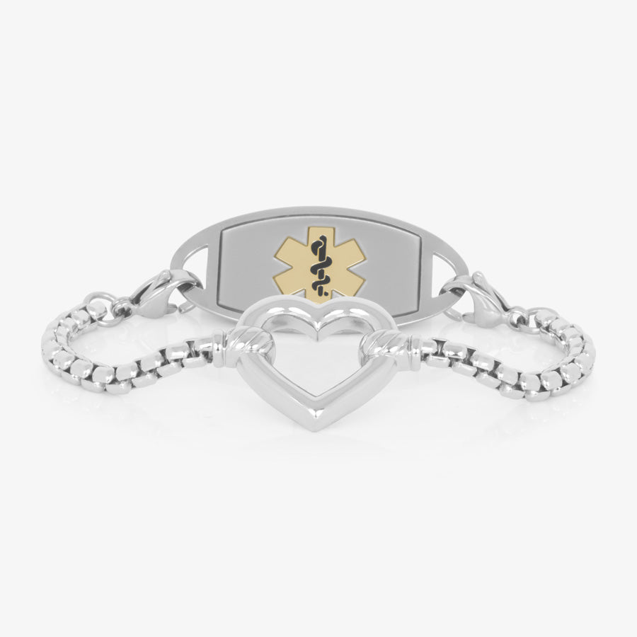 Silver Medical ID box chain bracelet with open heart charm and stainless steel medical ID tag in silver featuring a gold Medical symbol.