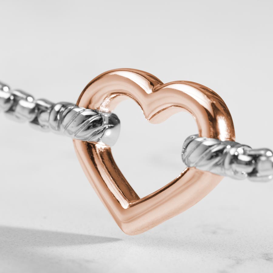 Detailed image of Rose Gold open heart centerpiece on a silver box chain