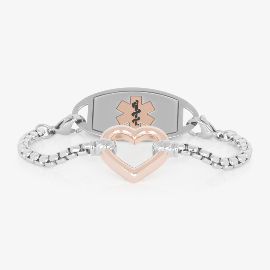 Silver Medical ID box chain bracelet with rose gold open heart charm and stainless steel medical ID tag in silver featuring a rose gold Medical symbol.