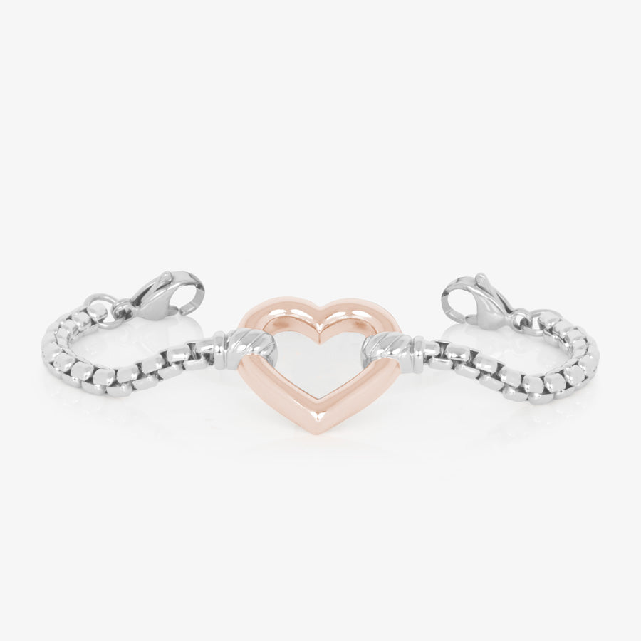 Silver Medical ID box chain bracelet with rose gold open heart charm.