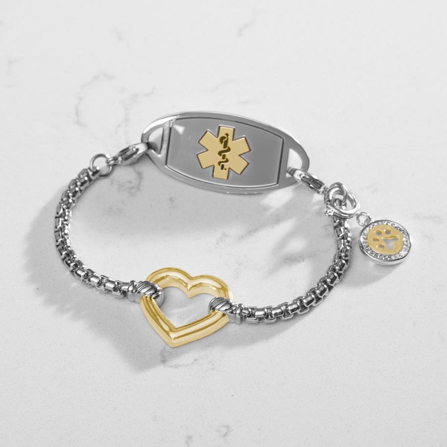 Silver Medical ID box chain bracelet with a rose gold open heart charm and stainless steel medical ID tag in silver featuring a rose gold Medical symbol.