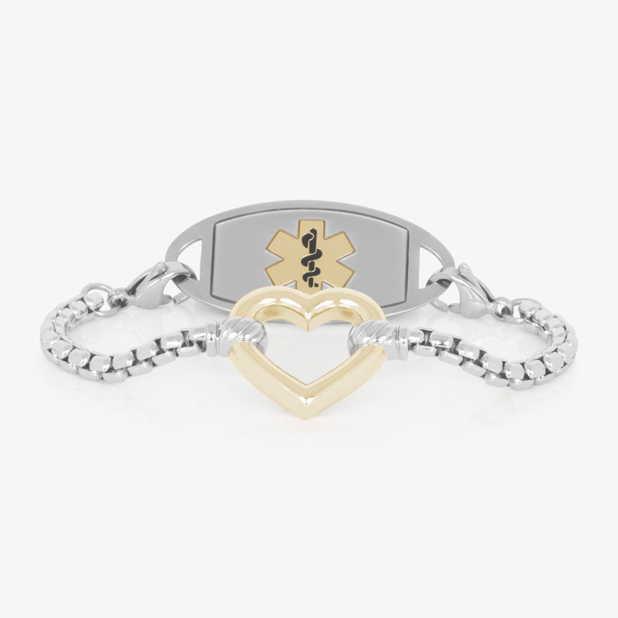 Silver Medical ID box chain bracelet with rose gold open heart charm and stainless steel medical ID tag in silver featuring a rose gold Medical symbol.